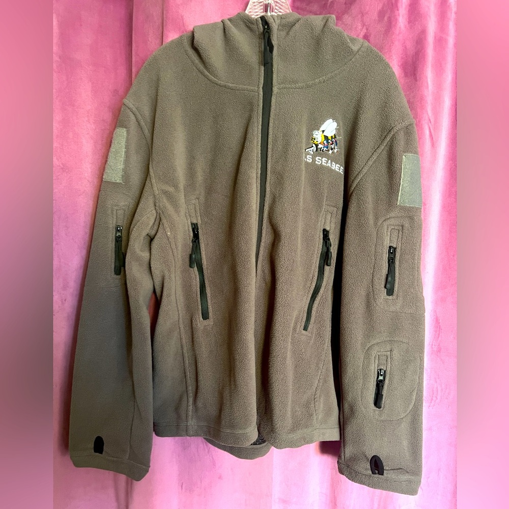 Gray Hooded Tactical Polar Fleece Jacket w/  U.S. SEABEE Logo